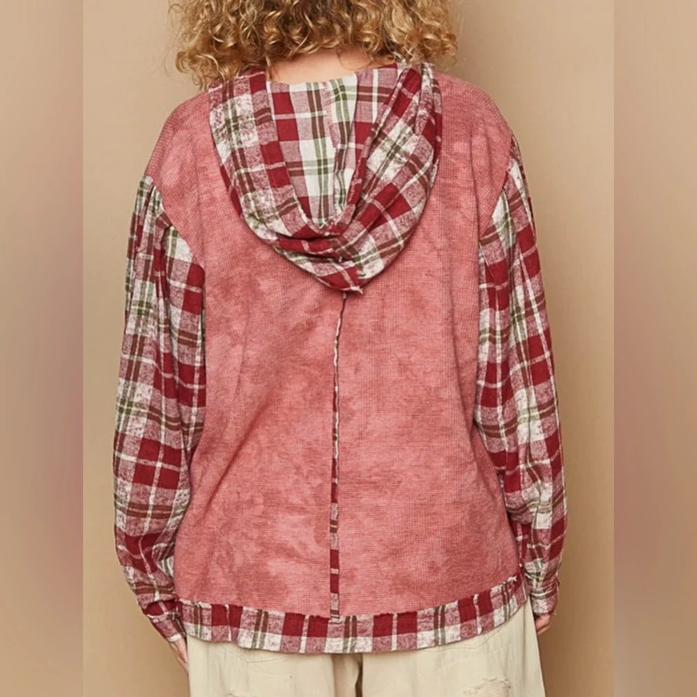 ✨NWT POL Plaid Patchwork Star Hoodie - Picture 2 of 2